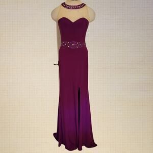 Dancing Queen USA Purple Beaded Halter Prom Gown Sz Small Mesh Maxi Slit